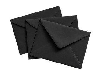 Three black envelopes layered,  dark, matte finish.  Stacked, slightly angled.  Simple, minimalist.  Focus on the texture and shape of the envelopes