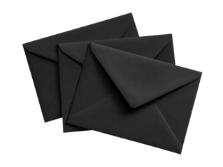 Three black envelopes layered,  dark, matte finish.  Stacked, slightly angled.  Simple, minimalist.  Focus on the texture and shape of the envelopes