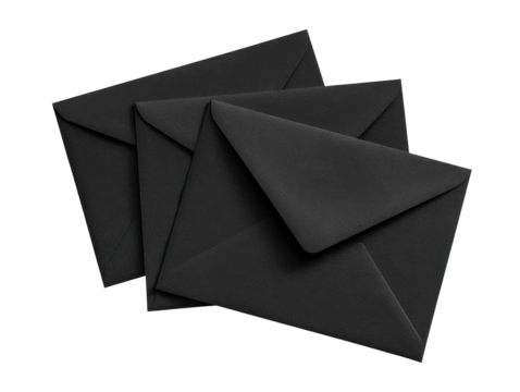 Three black envelopes layered,  dark, matte finish.  Stacked, slightly angled.  Simple, minimalist.  Focus on the texture and shape of the envelopes