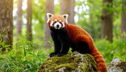 Red panda sitting on moss-covered rock in forest
