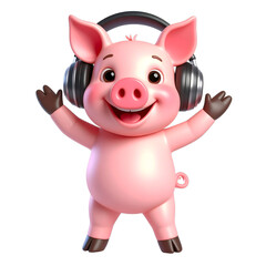 Naklejka premium Piglet in Music: A charming piglet, radiating joy, wears headphones and dances animatedly, surrounded by musical delight. A playful scene in a digital illustration.