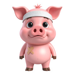 Charming Piglet Character: A cute and cheerful animated piglet stands confidently, sporting a bandage and a headband, conveying resilience and innocence.