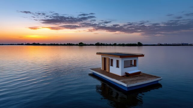 A floating sauna on a dock, partially submerged in a calm lake at sunset.