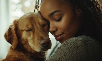 Young African American woman cuddling her dog at home, enjoying a quiet moment of companionship and love, Generative AI