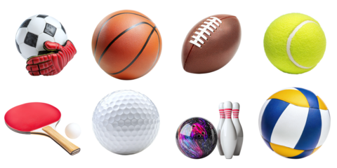 Set of balls for different sports isolated on transparent background PNG. Rugby, basketball, bowling, golf, tennis racket and tennis ball, volleyball, goalkeeper gloves and football ball