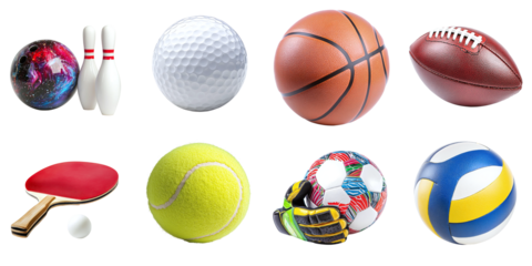 Set of balls for different sports isolated on transparent background PNG. Rugby, basketball, bowling, golf, tennis racket and tennis ball, volleyball, goalkeeper gloves and football ball