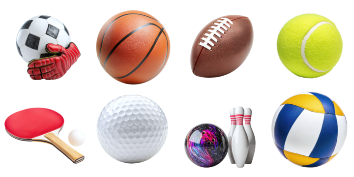 Set of balls for different sports isolated on transparent background PNG. Rugby, basketball, bowling, golf, tennis racket and tennis ball, volleyball, goalkeeper gloves and football ball