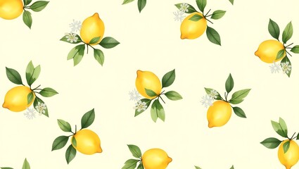 Obraz premium Beautiful vector seamless pattern with watercolor fresh lemons with leaves and flowers in sunny Mediterranean style. Ready summer print design for wallpapers, wrappings, textile