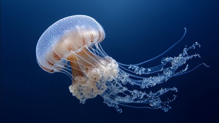 Fototapeta premium Jellyfish glides gracefully in clear water, revealing its delicate tentacles and body.