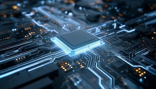 Advanced AI processor chip glowing with vibrant blue energy, symbolizing the future of computing, data, and digital innovation - Powered by Adobe