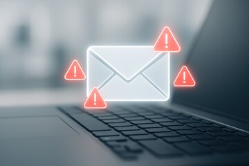 Digital Security Concerns: A close-up of a laptop displaying an illuminated email icon with red hazard symbols, signifying security issues.