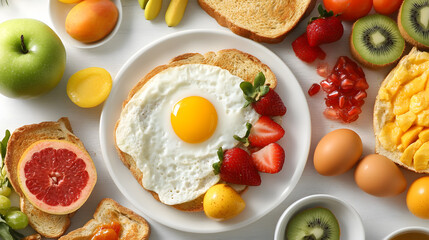 Breakfast spread with eggs toast and fruit Monday morning