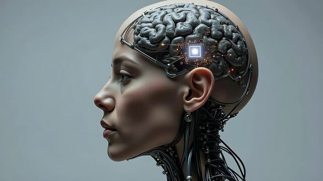 Futuristic cyborg with exposed brain, advanced technology for AI innovation and machine learning