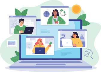 Fototapeta premium Online Meeting with Diverse People Discussing Environmental Topics on Laptop