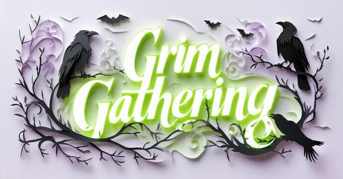 Spooky title graphic features crows, branches, bats, ghostly clouds. Yellow lettering contrasts dark background. Halloween themed design.