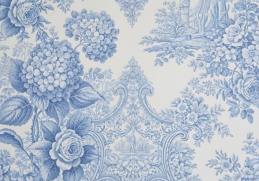 Elegant blue and white floral toile pattern reminiscent of classic French textiles