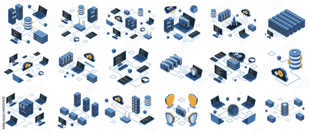 Wall mural set of isometric modern technology concept for cloud computing, datacenter, database, artificial int
