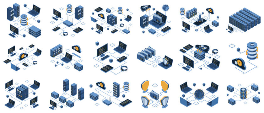 Set of isometric modern technology concept for cloud computing, datacenter, database, artificial intelligence, and blockchain technology. Isometric technology
