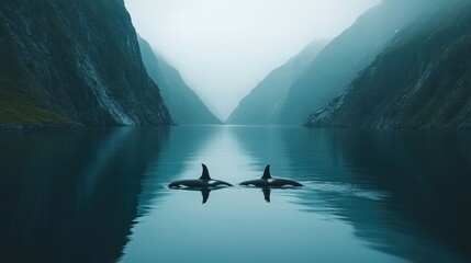 Fototapeta premium Two orcas in a fjord, misty mountains