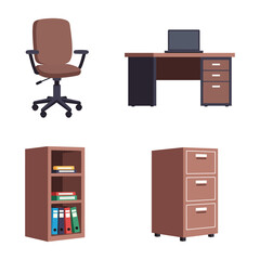 Office Furniture Set with Desk Chair Bookcase and Filing Cabinet Isolated