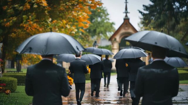 Individuals in suits carry umbrellas while walking through a rainy, autumn park during a somber gathering in a serene atmosphere