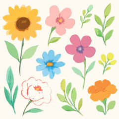 Watercolor flowers and leaves in soft pastel colors.