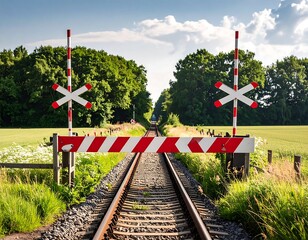 Railway crossing barrier in a rural landscape