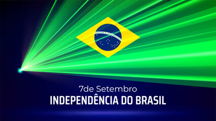 September 7, brazil independence day. Brazilian flag laser light show. National holiday. Laser beams, dj light party. Vector greetings card. Translation September 7th Independence Day