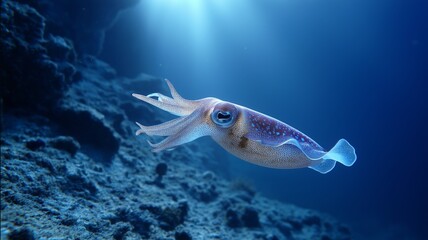 Fototapeta premium A squid swims gracefully in the tranquil blue depths of the ocean, illuminated by sunlight.