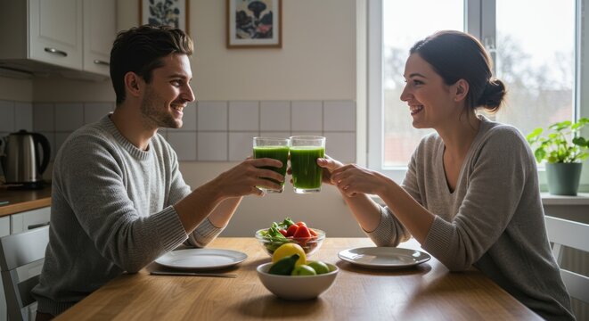 Smiling couple toasting green smoothies at a wooden kitchen table in bright natural lighting.