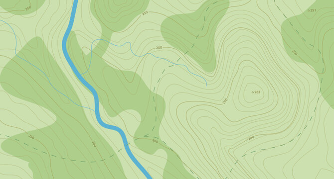 Realistic topographic map with brown contour lines, elevation marks, and natural green terrain features with river. Ideal for geographic, educational, or design projects. 16:9 