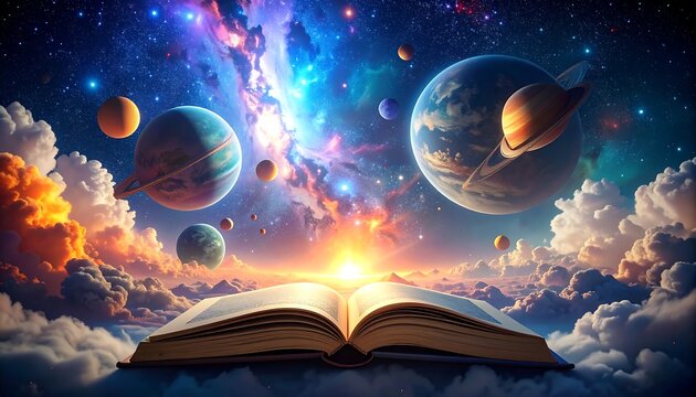 Open book, celestial scene emerging