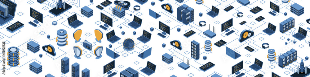 Poster isometric data network management. cloud storage data and synchronization of devices. networking, da