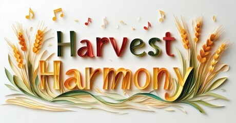 Artwork displays Harvest Harmony text. Wheat stalks, leaves create lettering. Musical notes float above design. Warm colors dominate composition.