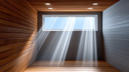 Obraz premium Sunlight filtering through sauna steam, casting ethereal rays inside a wooden cabin.