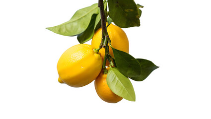 Bright yellow lemons hanging from a branch with green leaves fruit
