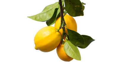 Bright yellow lemons hanging from a branch with green leaves fruit