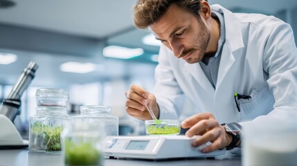 Man in a lab coat is working with plants in a lab