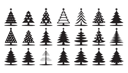 Obraz premium Set of Stylish Black Christmas Trees with Different Decorations, Ornaments, and Stars for Holiday Graphics
