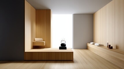 A minimalist sauna with light steam drifting across the frame, emphasizing purity and calm.