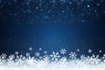 a scattering of white snowflakes and small sparkles at the top, digital art, Blue winter background with snow and snowflakes. A winter-themed background with a deep blue gradient,