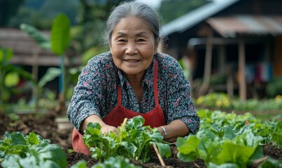 Senior Asian woman planting vegetables in a garden, embodying the connection between generations and the joy of gardening in later years, Generative AI