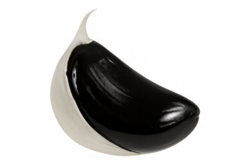 Dark, caramelized black garlic clove revealing deep brown hue, glossy surface, floating against clean transparent backdrop