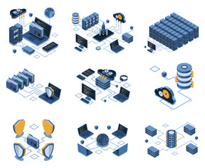 Set of isometric modern technology concept for cloud computing, datacenter, database, artificial intelligence, and blockchain technology. Isometric technology