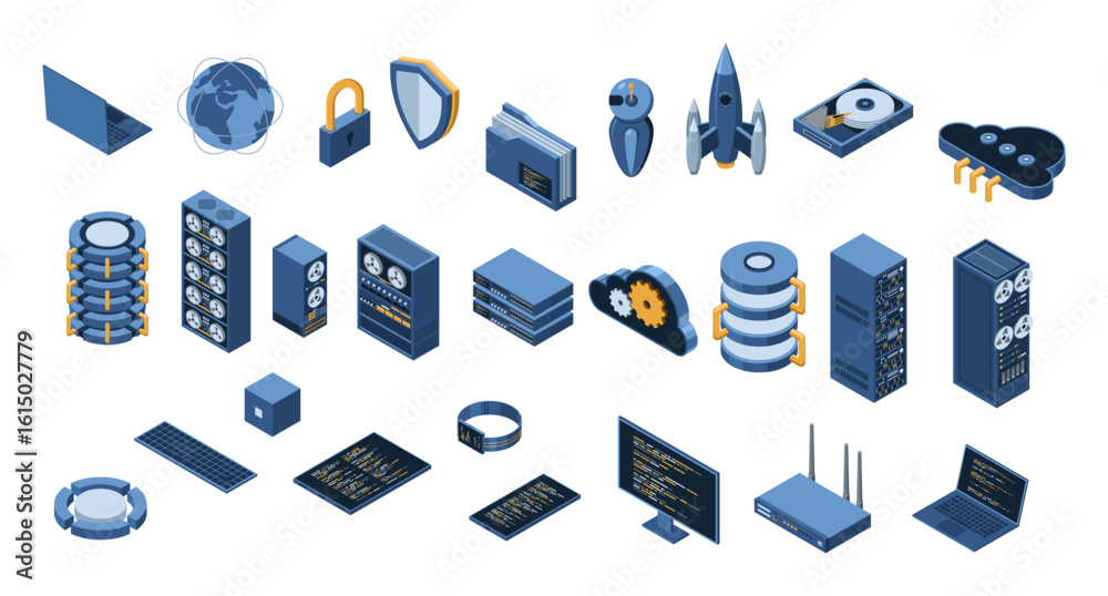 Poster set of isometric computer technology. isometric set server equipment. cloud network and database pla