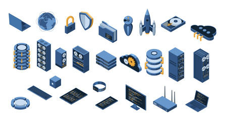 Set of isometric computer technology. Isometric set server equipment. Cloud network and database platform. Isometric technology