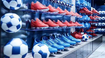 Organized sports store shelves display various soccer equipment, including cleats, balls, and apparel