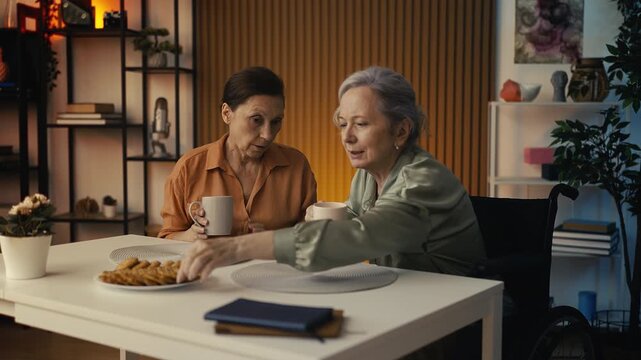 Woman in wheelchair talking with female friend over tea, enjoying conversation