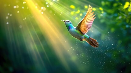 Fototapeta premium Vibrant hummingbird in flight, bathed in sunlight