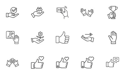 Fototapeta premium Hand gestures icon set: clapping hands, like, waving hand, raised hand, thumbs up, hand taking photo, hand holding trophy, hand with checkmark, hand with gift, for blogs, websites, presentations